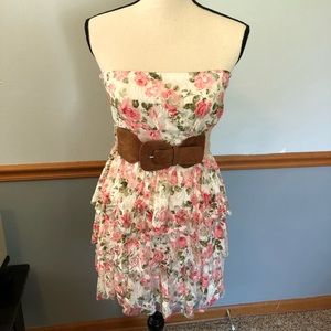 Strapless floral summer dress with belt